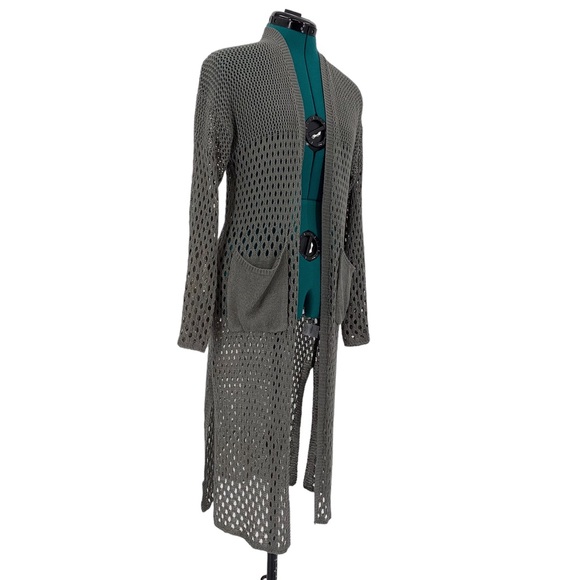 Minkas Taupe Mesh Knit Open Front Long Cardigan with Pockets, Small - Picture 9 of 16